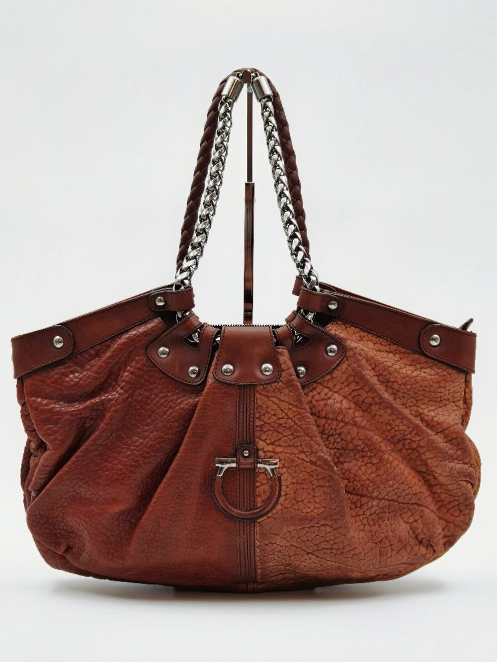 Salvatore Ferragamo Gancini Brown Leather Chain Shoulder Bag Vintage